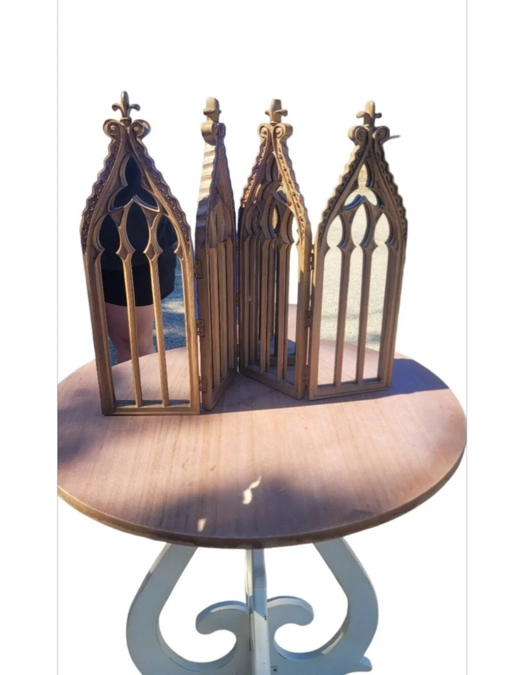 Wooden Gothic Arch Four-Panel Decor Mirror - Brown Cathedral Folding